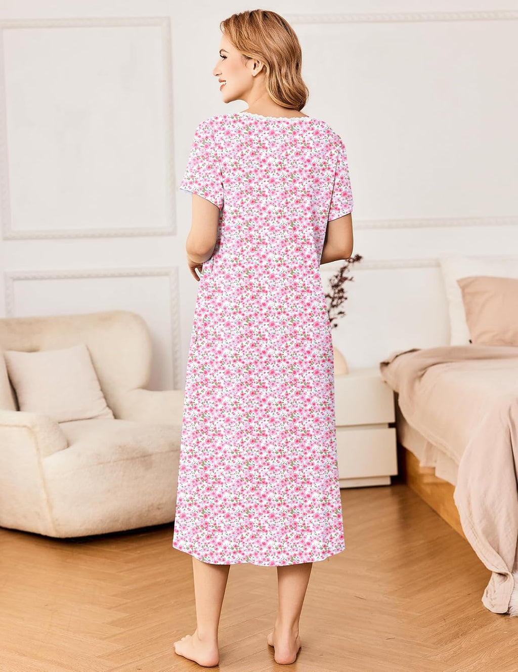 Ekouaer Short Sleeve Floral Nightdress Button House Dress with Pockets