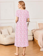 Ekouaer Short Sleeve Floral Nightdress Button House Dress with Pockets