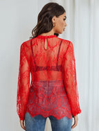 Floral Lace Mesh Top Long Sleeve Sheer Shirts