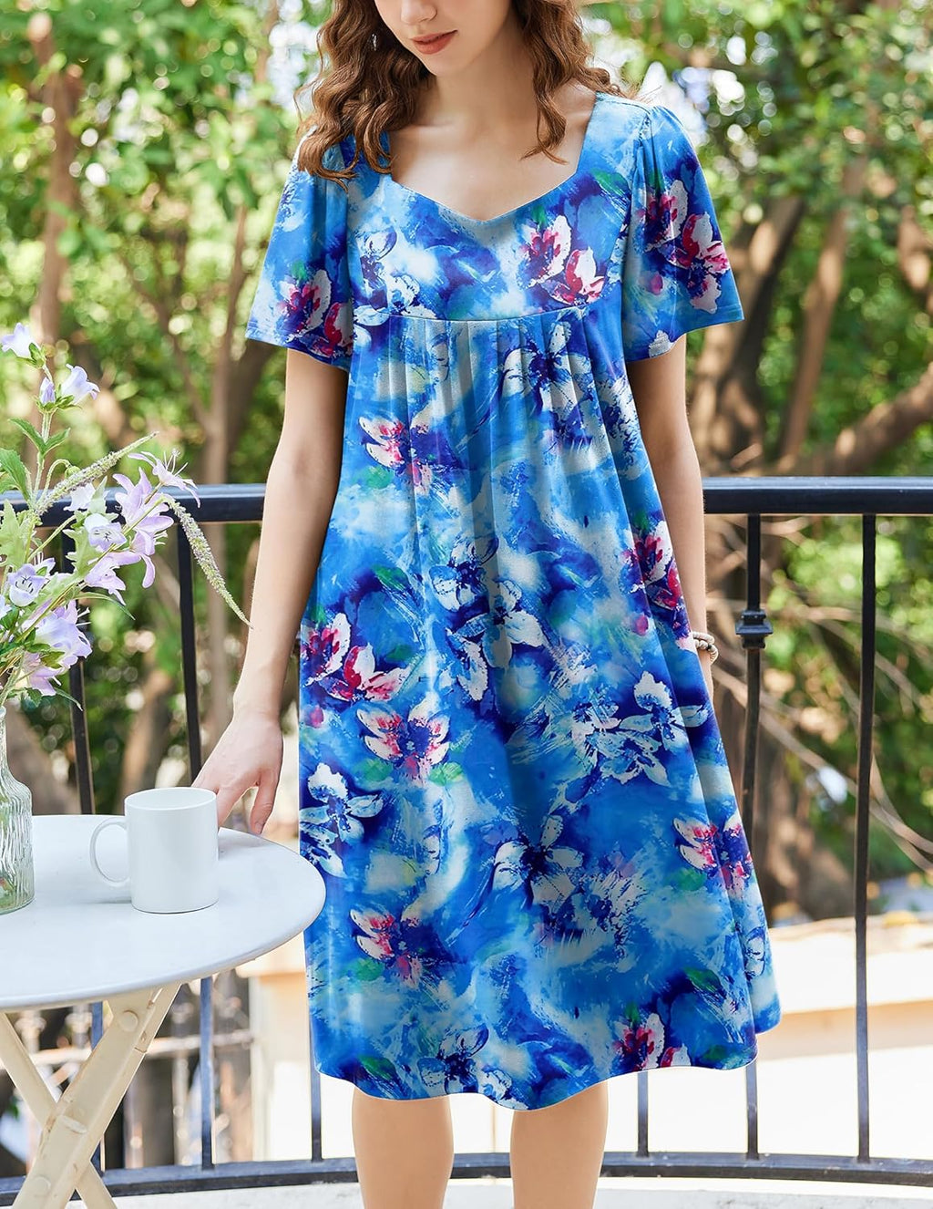 Ekouaer Women's Floral House Dress - Pleated Nightgown