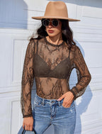 Floral Lace Mesh Top Long Sleeve Sheer Shirts