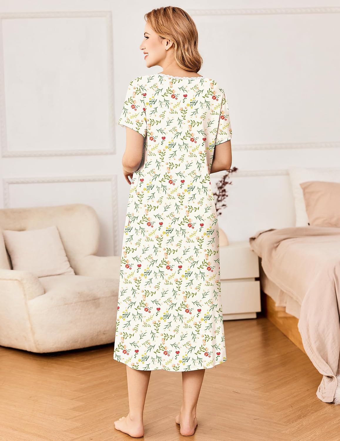Ekouaer Short Sleeve Floral Nightdress Button House Dress with Pockets