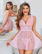 Sheer Mesh Lace Babydoll V Neck Nighty