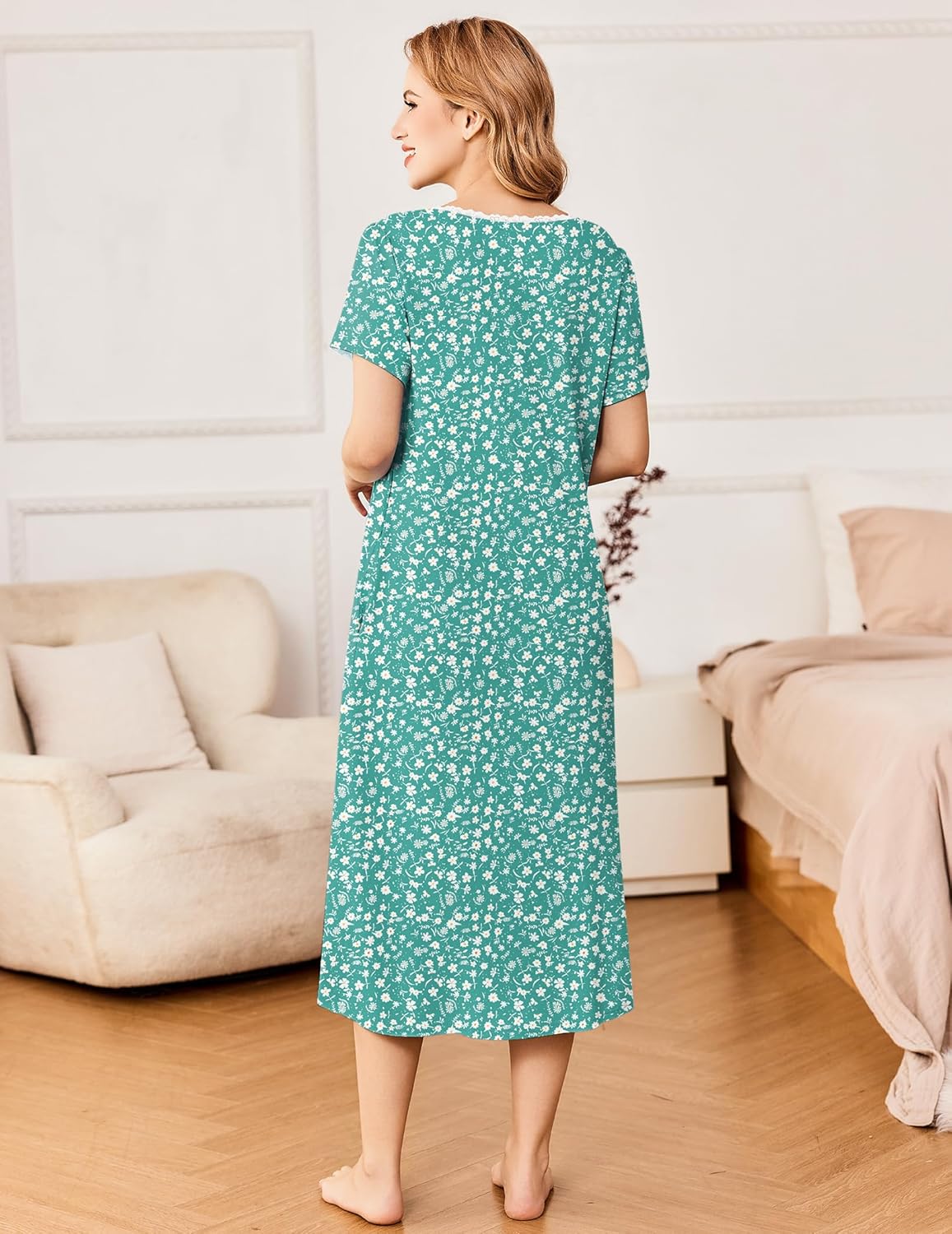 Ekouaer Short Sleeve Floral Nightdress Button House Dress with Pockets