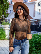Floral Lace Mesh Top Long Sleeve Sheer Shirts