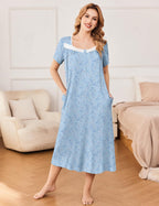 Ekouaer Short Sleeve Floral Nightdress Button House Dress with Pockets