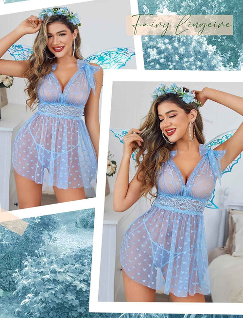 Sheer Mesh Lace Babydoll V Neck Nighty
