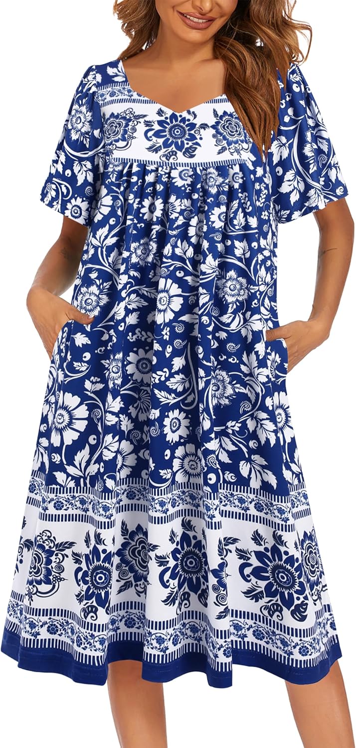 Ekouaer Women's Floral House Dress - Pleated Nightgown