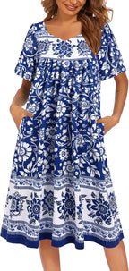 Ekouaer Women's Floral House Dress - Pleated Nightgown