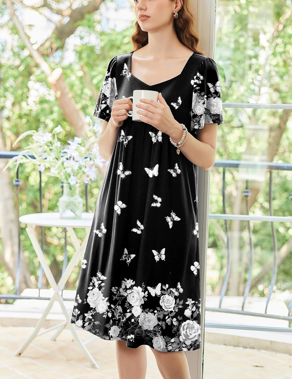 Ekouaer Women's Floral House Dress - Pleated Nightgown