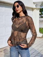 Floral Lace Mesh Top Long Sleeve Sheer Shirts
