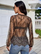 Floral Lace Mesh Top Long Sleeve Sheer Shirts