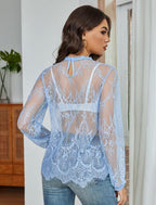 Floral Lace Mesh Top Long Sleeve Sheer Shirts