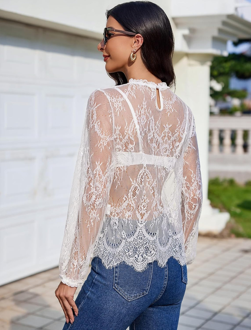 Floral Lace Mesh Top Long Sleeve Sheer Shirts