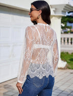 Floral Lace Mesh Top Long Sleeve Sheer Shirts