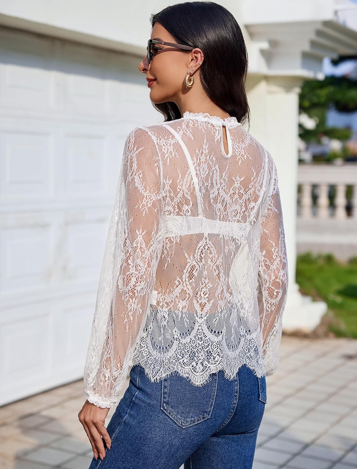 Floral Lace Mesh Top Long Sleeve Sheer Shirts