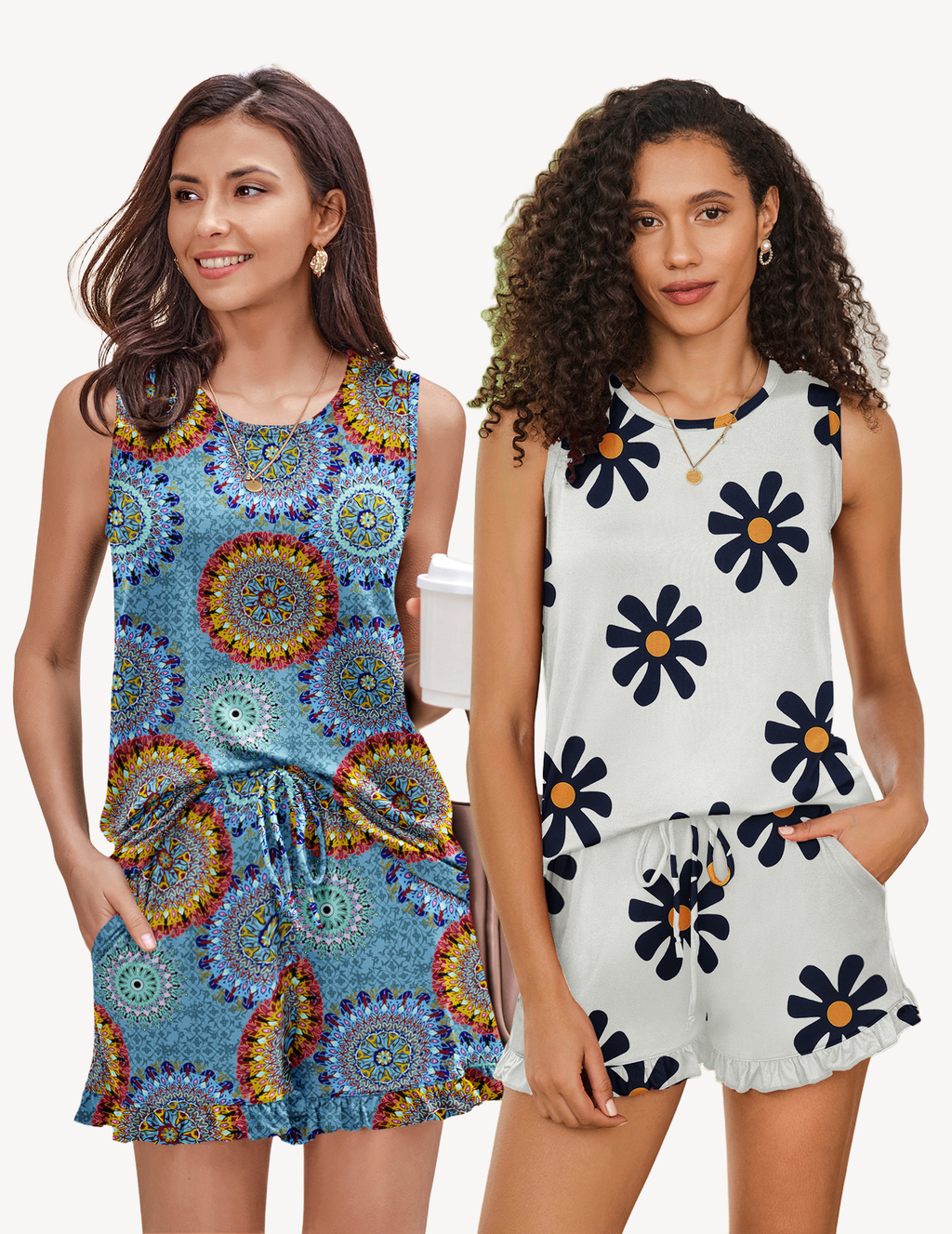 2 Pack Pajama Set Print Sleepwear Tank Tops and Ruffled Shorts