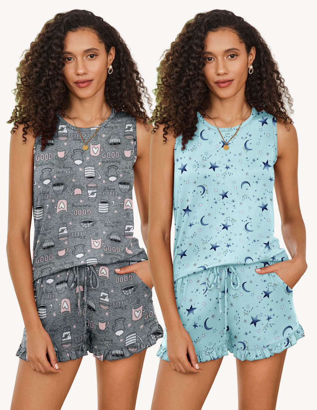 2 Pack Pajama Set Print Sleepwear Tank Tops and Ruffled Shorts