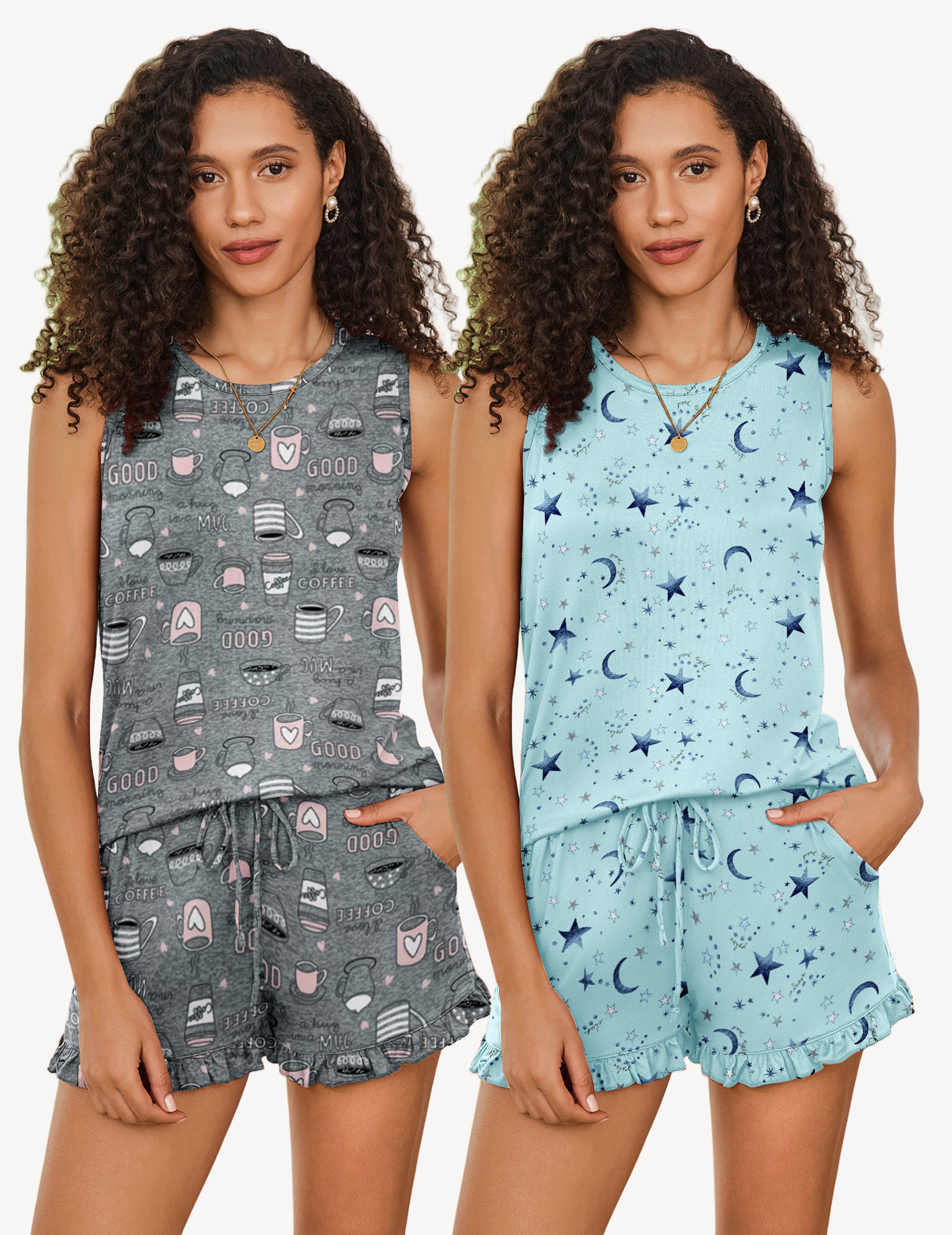 2 Pack Pajama Set Print Sleepwear Tank Tops and Ruffled Shorts