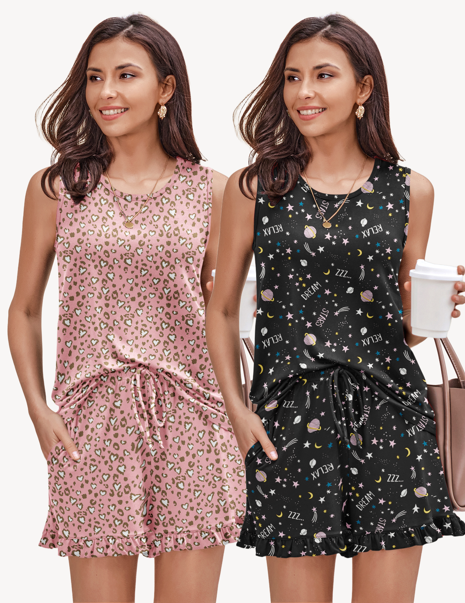 2 Pack Pajama Set Print Sleepwear Tank Tops and Ruffled Shorts