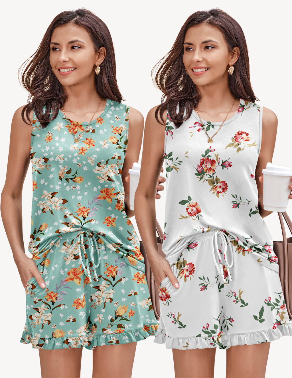 2 Pack Pajama Set Print Sleepwear Tank Tops and Ruffled Shorts