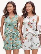 2 Pack Pajama Set Print Sleepwear Tank Tops and Ruffled Shorts