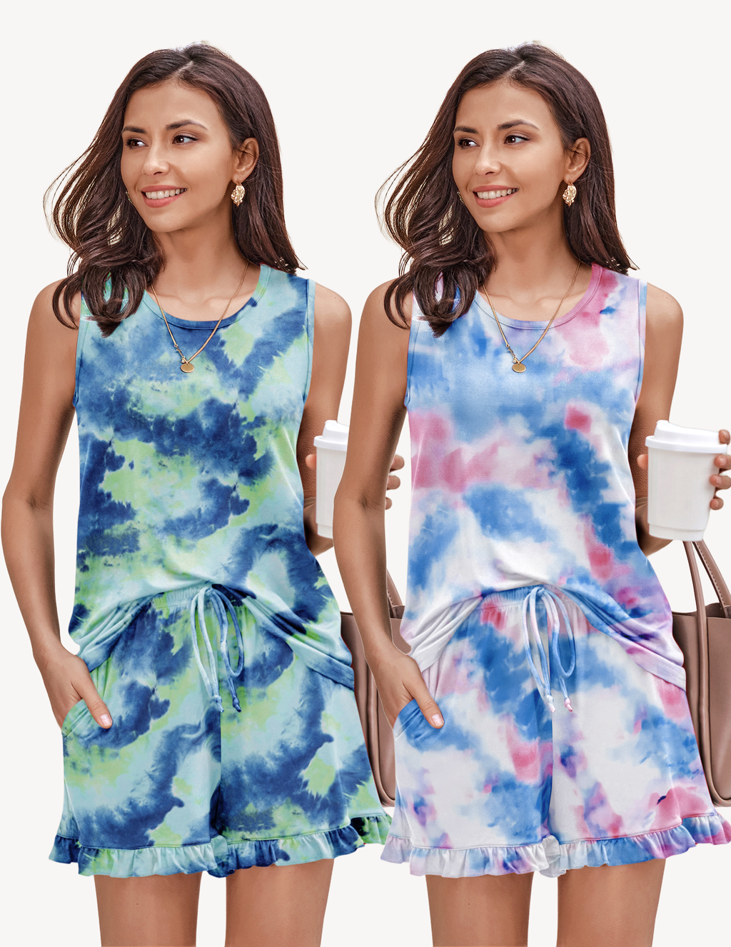 2 Pack Pajama Set Print Sleepwear Tank Tops and Ruffled Shorts