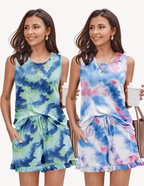 2 Pack Pajama Set Print Sleepwear Tank Tops and Ruffled Shorts
