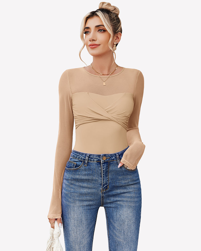 Long Sleeve Sheer Leotard Twist Knot Tops