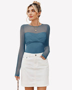 Long Sleeve Sheer Leotard Twist Knot Tops