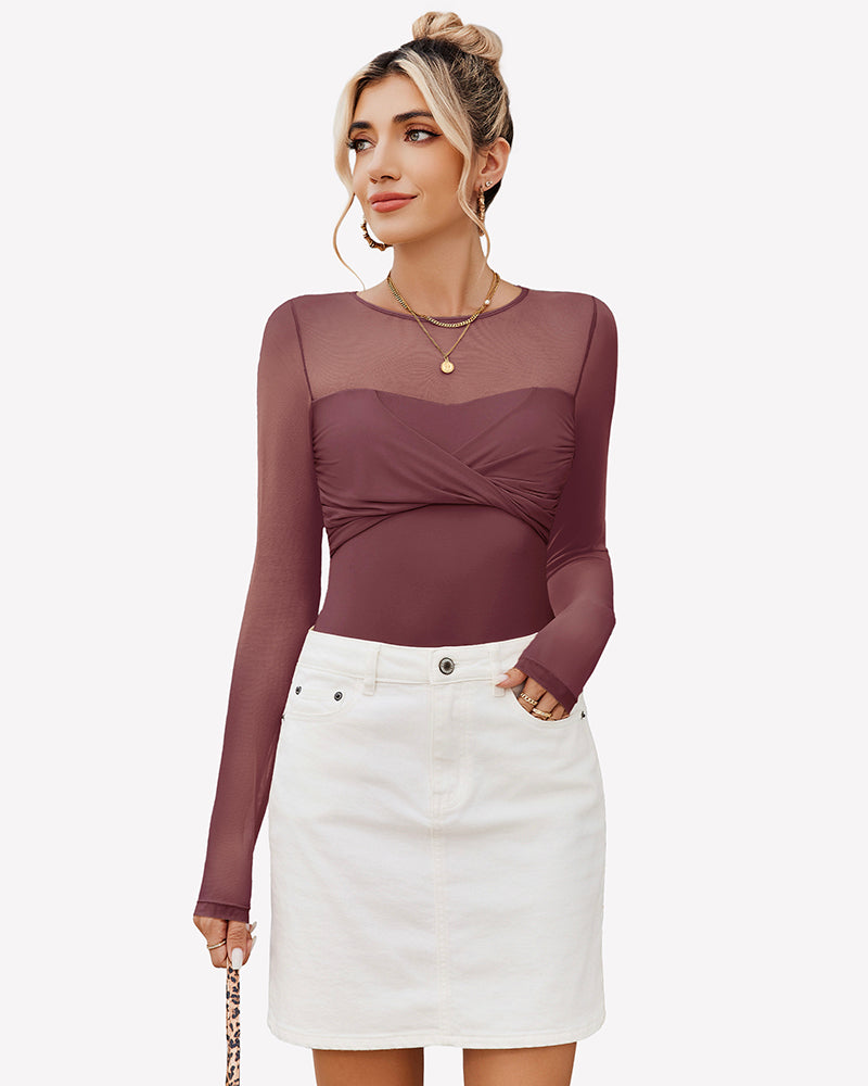 Long Sleeve Sheer Leotard Twist Knot Tops