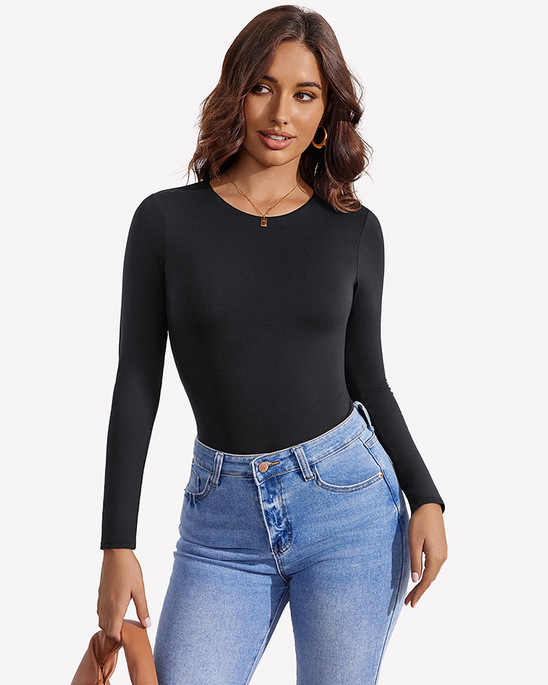 Long Sleeve Bodysuit - Slim Fit Double Lined Thong Bodysuit