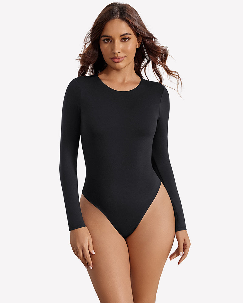 Long Sleeve Bodysuit - Slim Fit Double Lined Thong Bodysuit