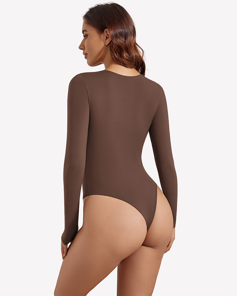 Long Sleeve Bodysuit - Slim Fit Double Lined Thong Bodysuit