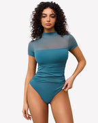 Short Sleeve Bodysuit Turtle Neck Mesh Tops