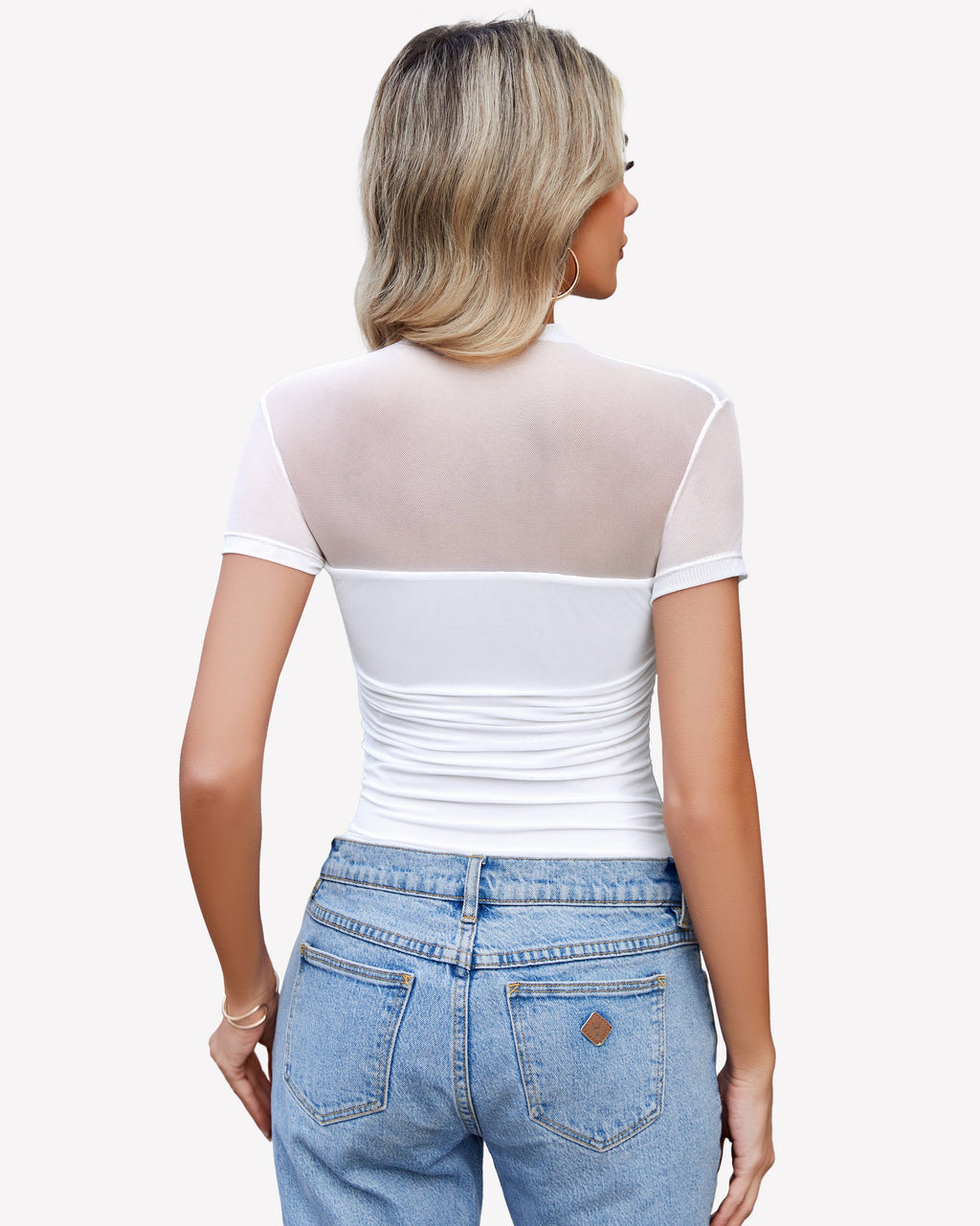 Short Sleeve Bodysuit Turtle Neck Mesh Tops