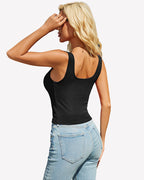 Ribbed Sleeveless Button Square Neck Top