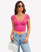 Floral Lace Bustier Cap Sleeve Crop Top