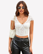 Floral Lace Bustier Cap Sleeve Crop Top