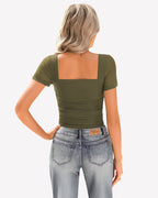 Sheer Mesh Short Sleeve Ruched Tops