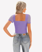 Sheer Mesh Short Sleeve Ruched Tops