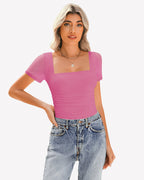 Sheer Mesh Short Sleeve Ruched Tops