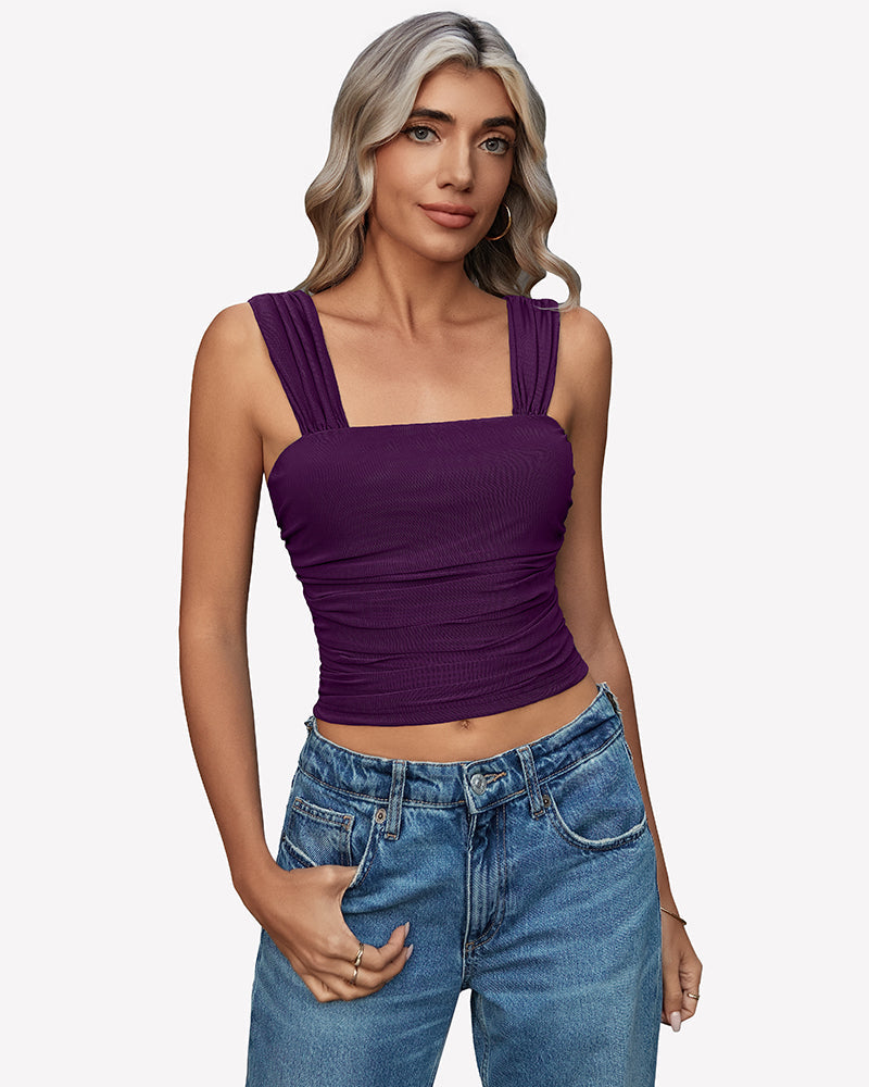 Mesh Square Neck Cute Tank Ruched Crop Top
