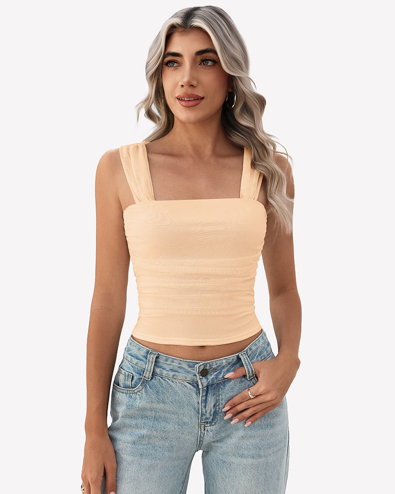 Mesh Square Neck Cute Tank Ruched Crop Top