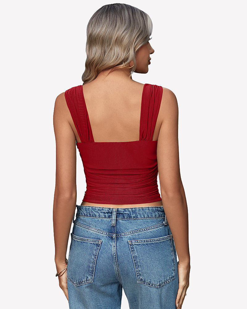 Mesh Square Neck Cute Tank Ruched Crop Top