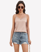 Silk Satin Tank Tops Mesh V Neck Camisole