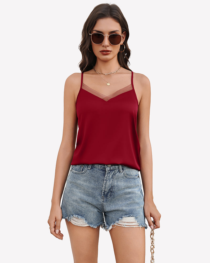 Silk Satin Tank Tops Mesh V Neck Camisole