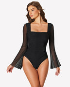 Long Bell Sleeve Mesh Square Neck Bodysuit