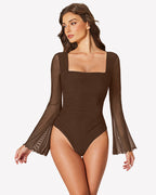 Long Bell Sleeve Mesh Square Neck Bodysuit