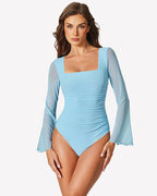 Long Bell Sleeve Mesh Square Neck Bodysuit
